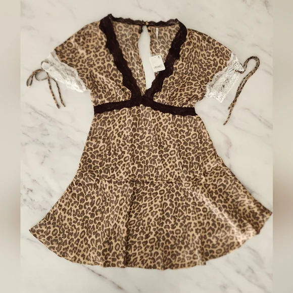 NWT Free People Jos Mini Dress Leopard and lace size small‎ - Picture 8 of 15